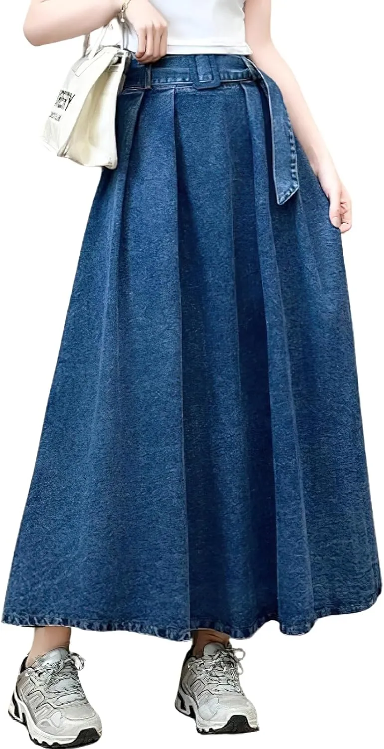 chouyatou Women's Ruffle Denim Skirt Elastic High Waist Pleated A Line Swing Maxi Long Jean Skirt with Belt