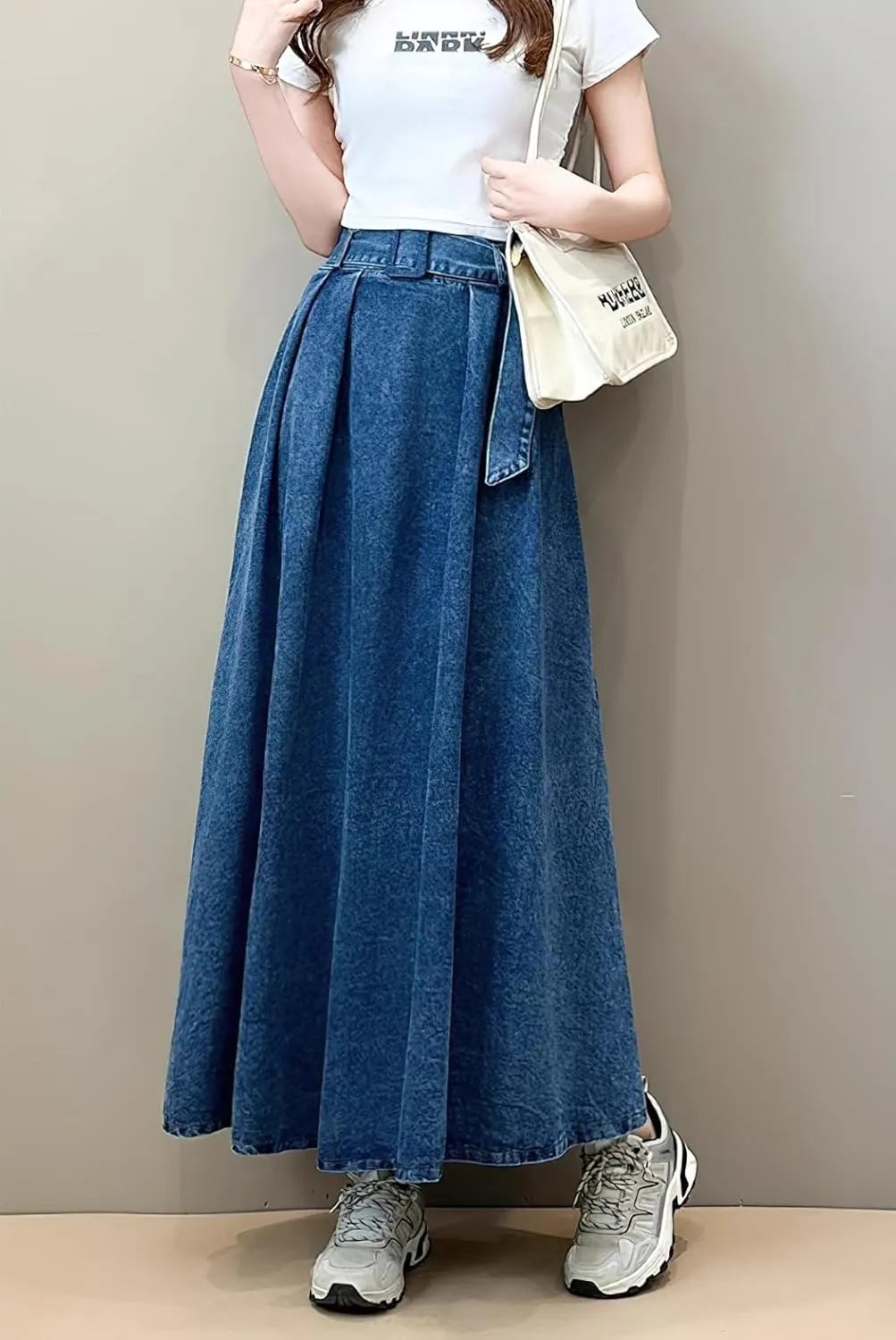chouyatou Women's Ruffle Denim Skirt Elastic High Waist Pleated A Line Swing Maxi Long Jean Skirt with Belt