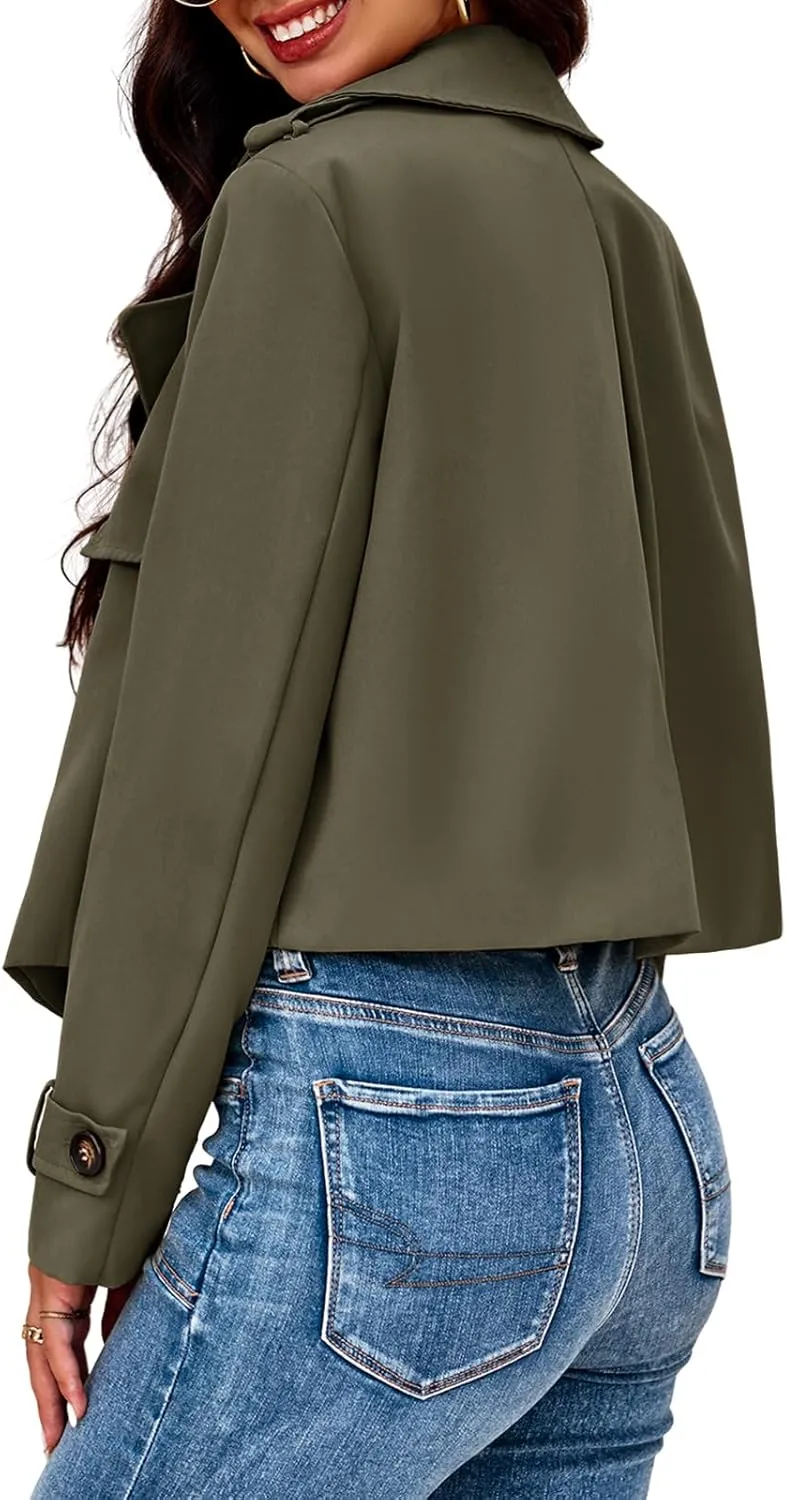Cicy Bell Womens Cropped Trench Coat Casual Long Sleeve Notched Lapel Blazer Jacket