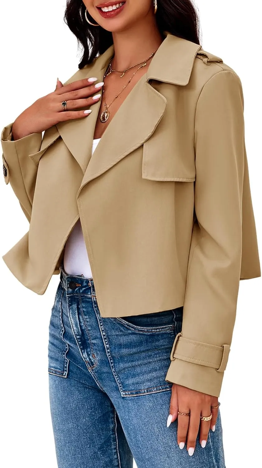 Cicy Bell Womens Cropped Trench Coat Casual Long Sleeve Notched Lapel Blazer Jacket