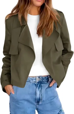 Cicy Bell Womens Cropped Trench Coat Casual Long Sleeve Notched Lapel Blazer Jacket