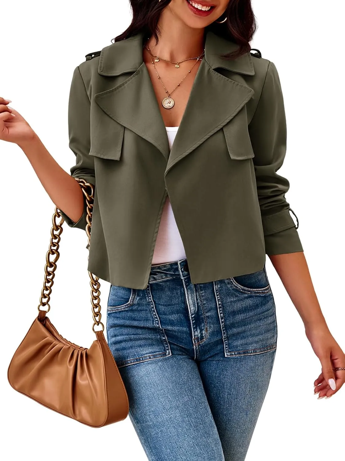 Cicy Bell Womens Cropped Trench Coat Casual Long Sleeve Notched Lapel Blazer Jacket