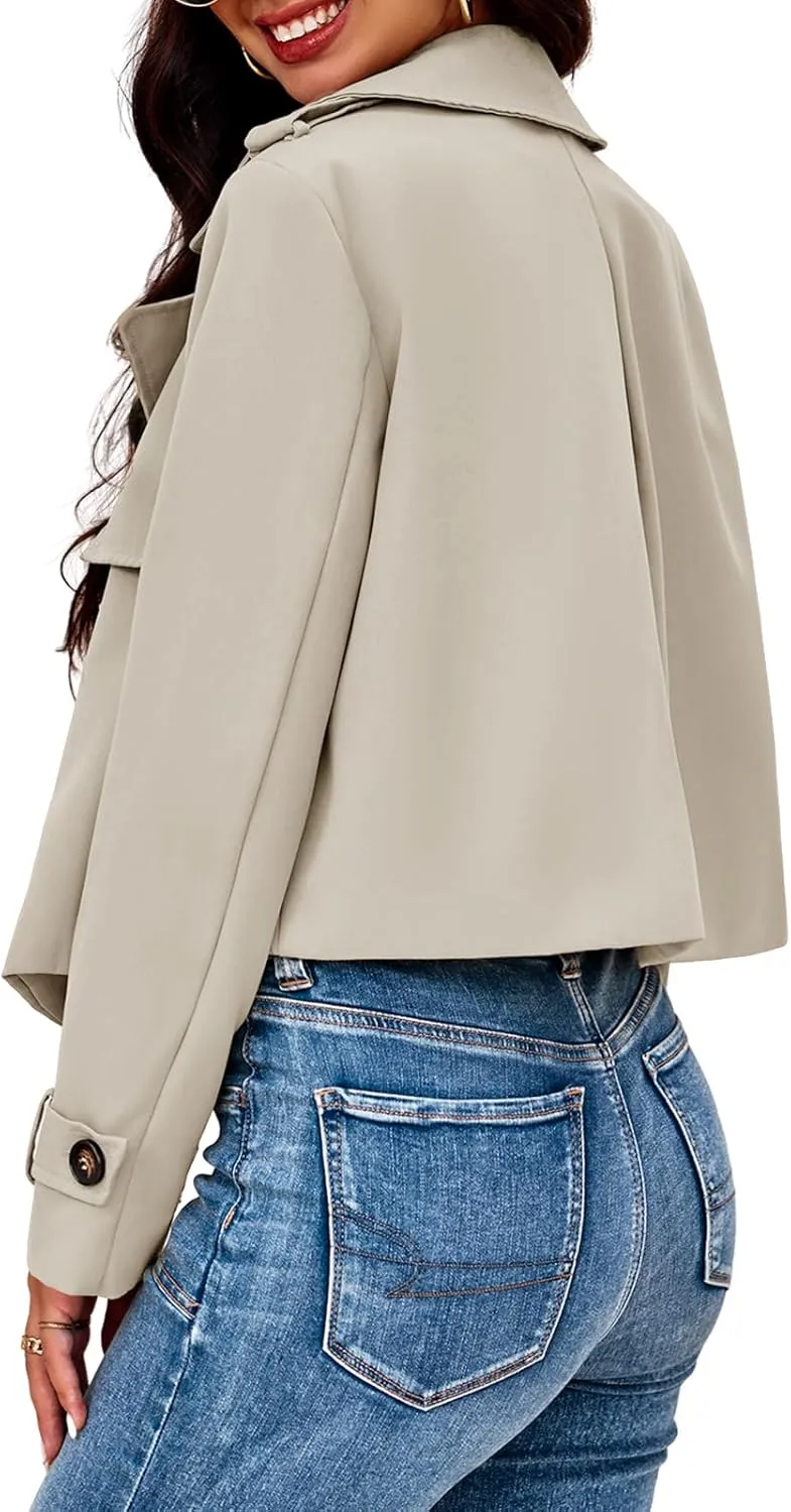 Cicy Bell Womens Cropped Trench Coat Casual Long Sleeve Notched Lapel Blazer Jacket