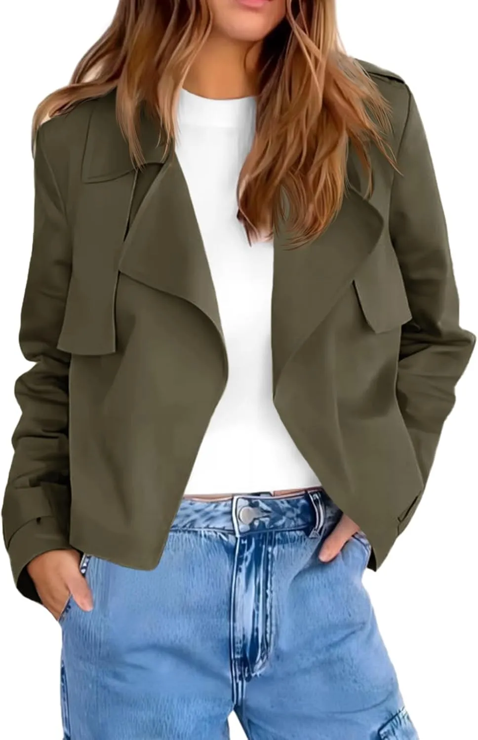 Cicy Bell Womens Cropped Trench Coat Casual Long Sleeve Notched Lapel Blazer Jacket