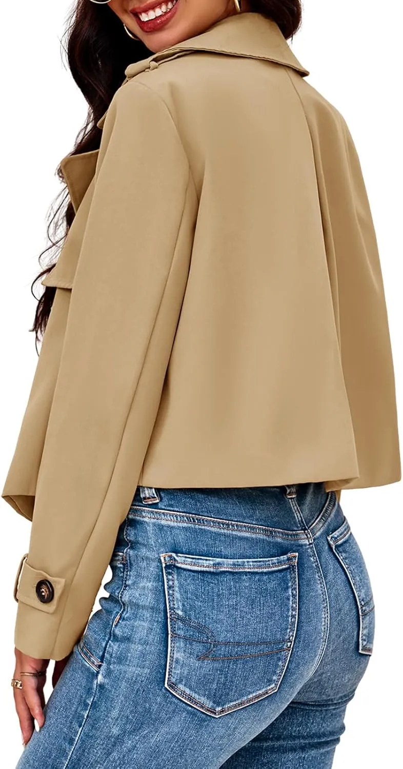 Cicy Bell Womens Cropped Trench Coat Casual Long Sleeve Notched Lapel Blazer Jacket