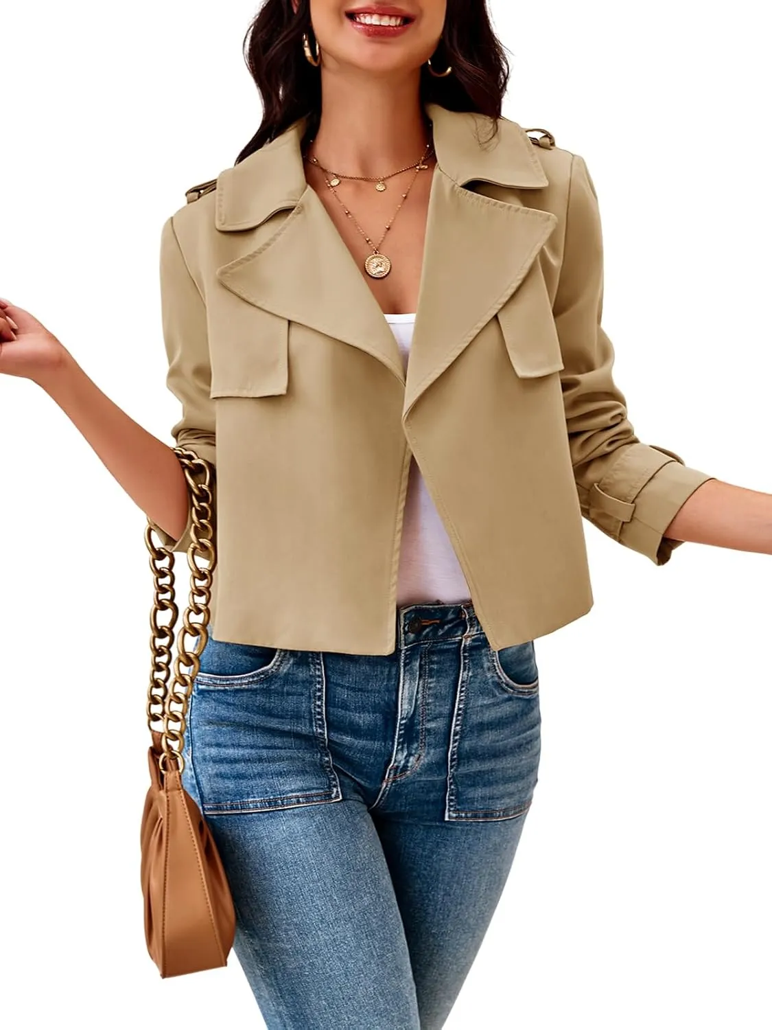 Cicy Bell Womens Cropped Trench Coat Casual Long Sleeve Notched Lapel Blazer Jacket