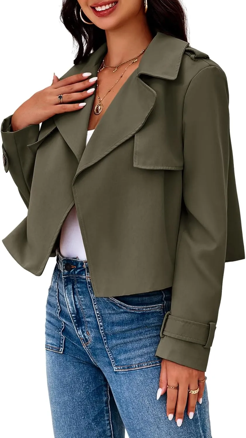 Cicy Bell Womens Cropped Trench Coat Casual Long Sleeve Notched Lapel Blazer Jacket