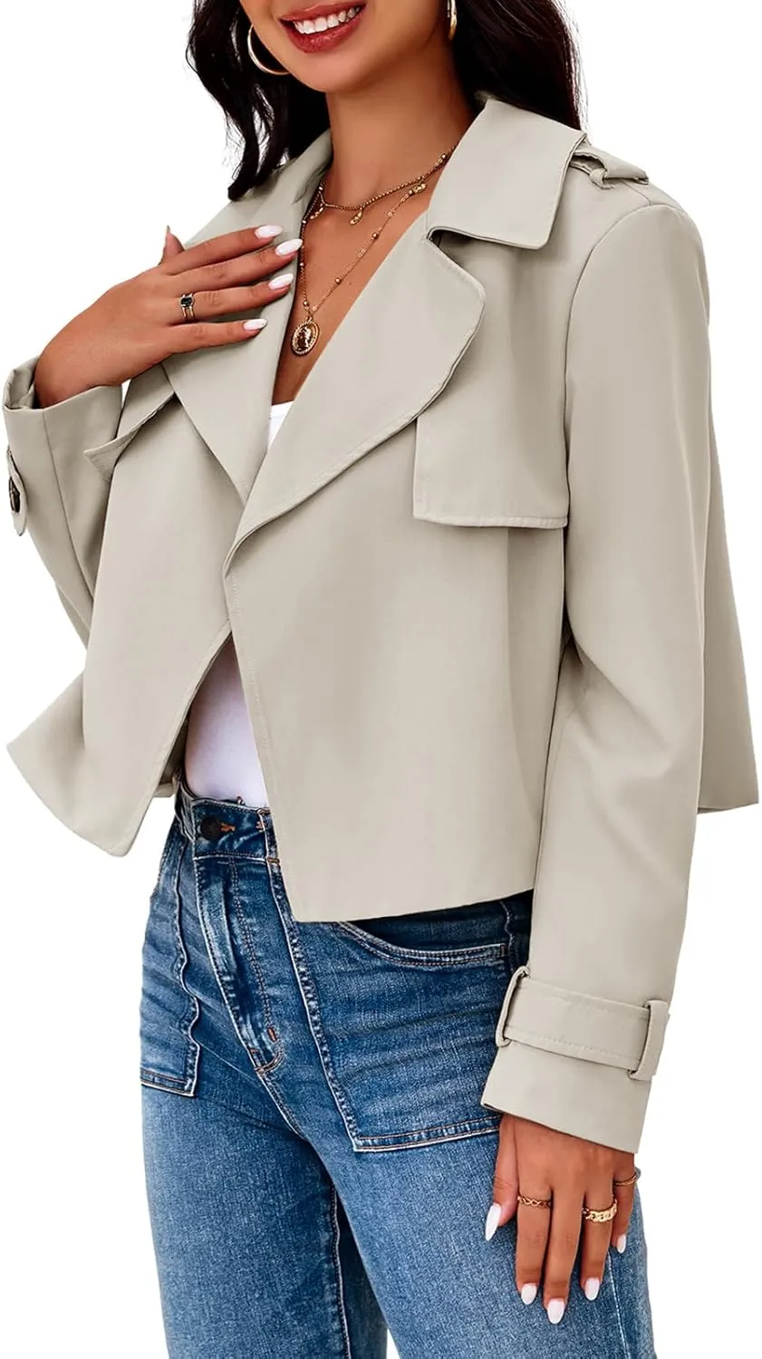 Cicy Bell Womens Cropped Trench Coat Casual Long Sleeve Notched Lapel Blazer Jacket