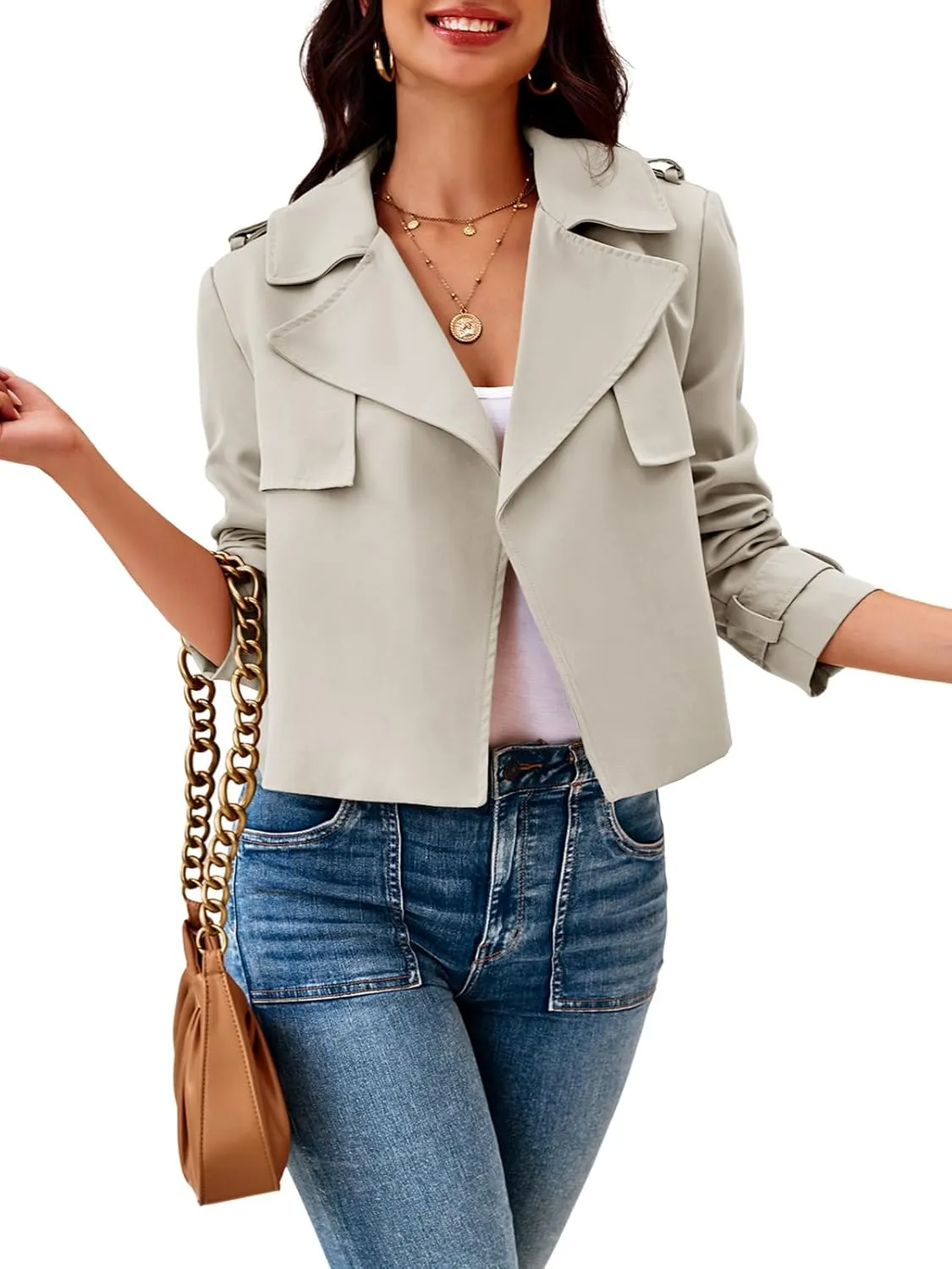 Cicy Bell Womens Cropped Trench Coat Casual Long Sleeve Notched Lapel Blazer Jacket