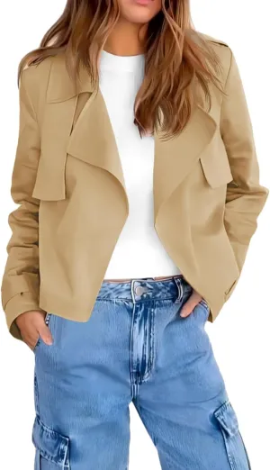 Cicy Bell Womens Cropped Trench Coat Casual Long Sleeve Notched Lapel Blazer Jacket