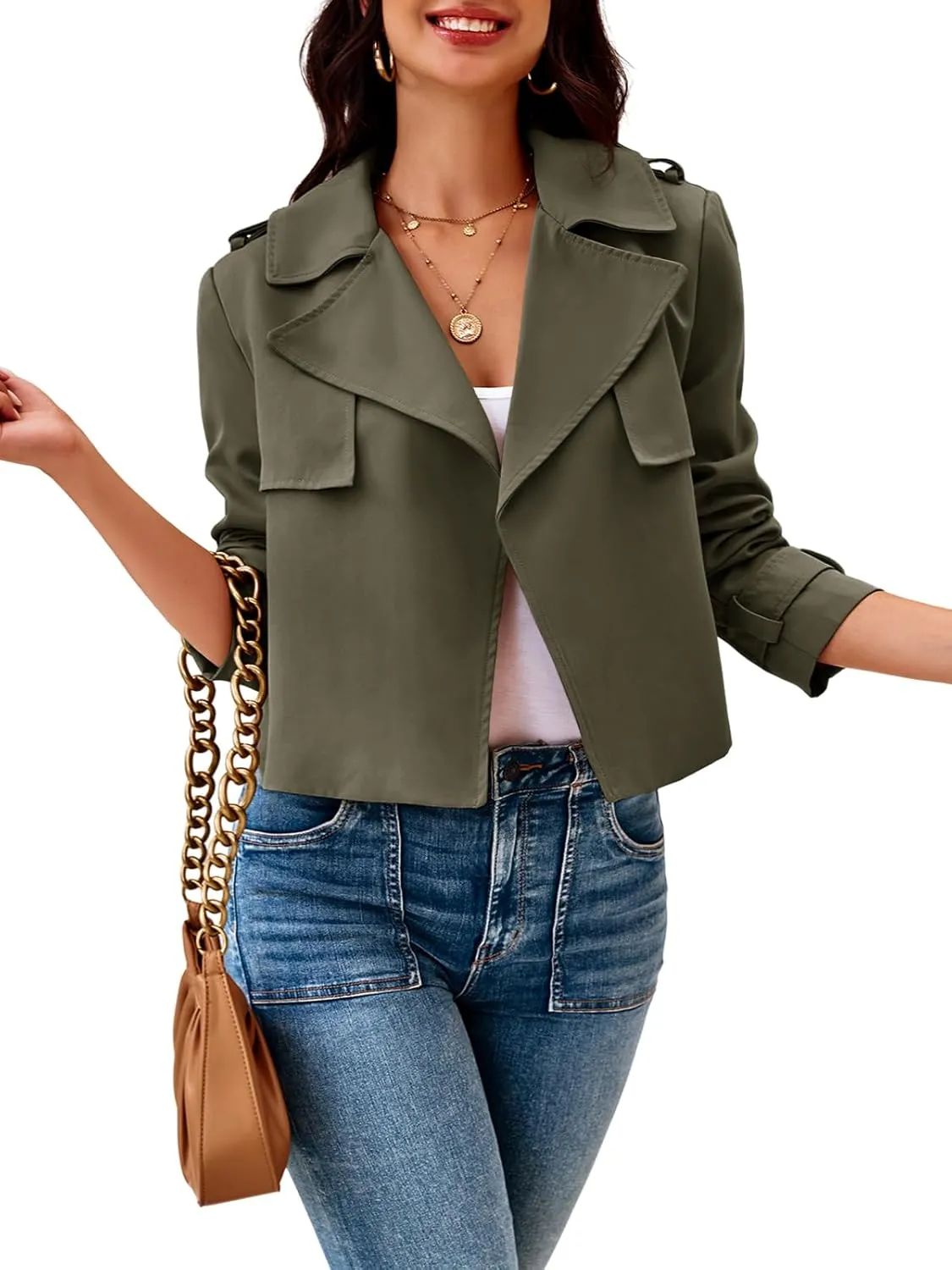 Cicy Bell Womens Cropped Trench Coat Casual Long Sleeve Notched Lapel Blazer Jacket