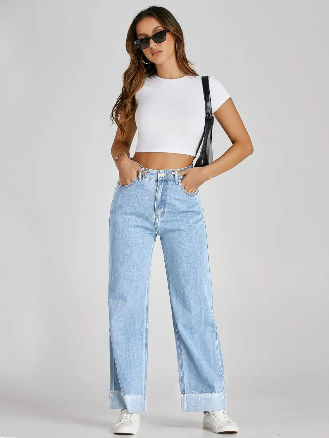 Cicy Bell Womens High Waisted Boyfriend Jeans Cuffed Raw Straight Leg Baggy Denim Pants with Pockets