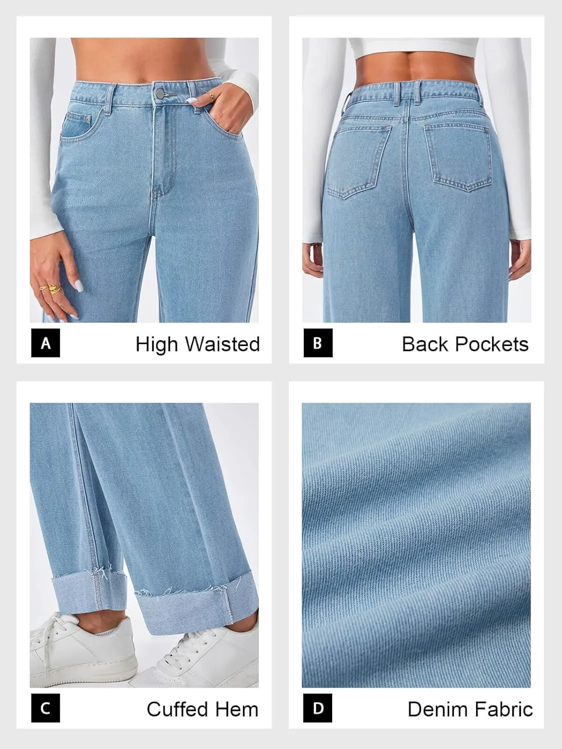 Cicy Bell Womens High Waisted Boyfriend Jeans Cuffed Raw Straight Leg Baggy Denim Pants with Pockets