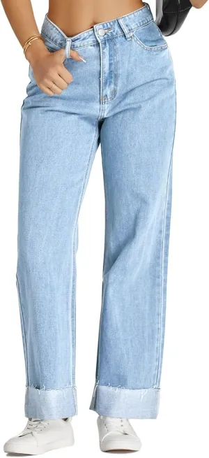 Cicy Bell Womens High Waisted Boyfriend Jeans Cuffed Raw Straight Leg Baggy Denim Pants with Pockets