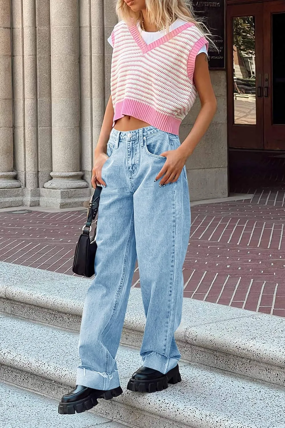 Cicy Bell Womens High Waisted Boyfriend Jeans Cuffed Raw Straight Leg Baggy Denim Pants with Pockets