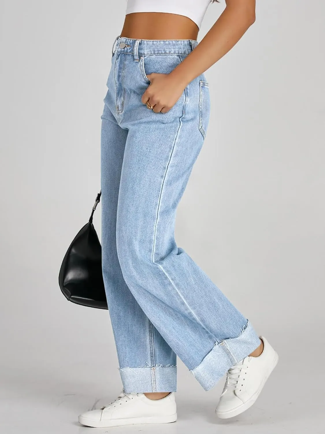 Cicy Bell Womens High Waisted Boyfriend Jeans Cuffed Raw Straight Leg Baggy Denim Pants with Pockets