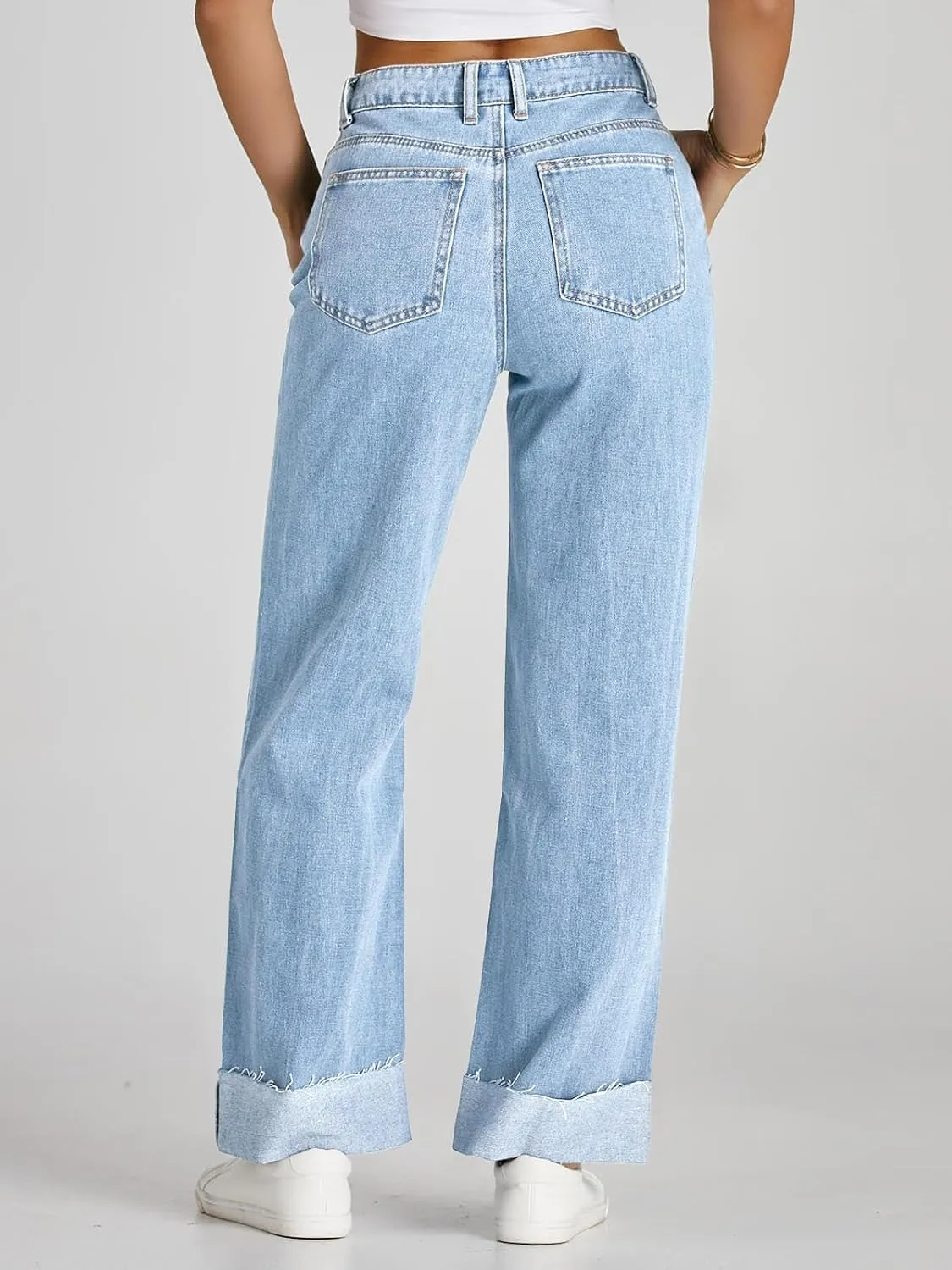 Cicy Bell Womens High Waisted Boyfriend Jeans Cuffed Raw Straight Leg Baggy Denim Pants with Pockets