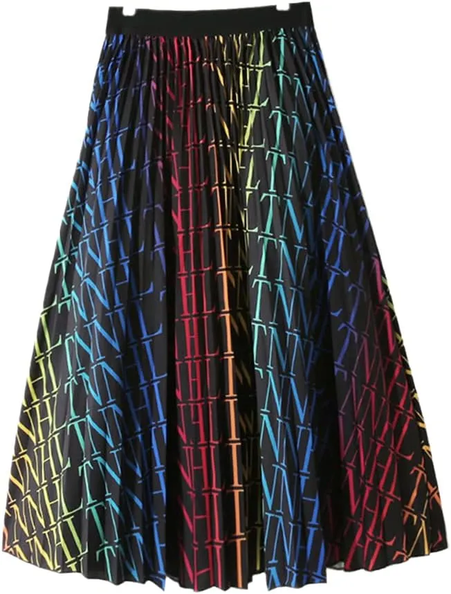 Colorful Dots Striped Summer Midi Long Pleated Skirt Women Korean Style Mid-Length High Waist A Line Skirt Female