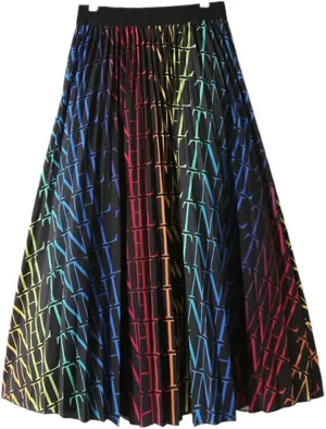 Colorful Dots Striped Summer Midi Long Pleated Skirt Women Korean Style Mid-Length High Waist A Line Skirt Female