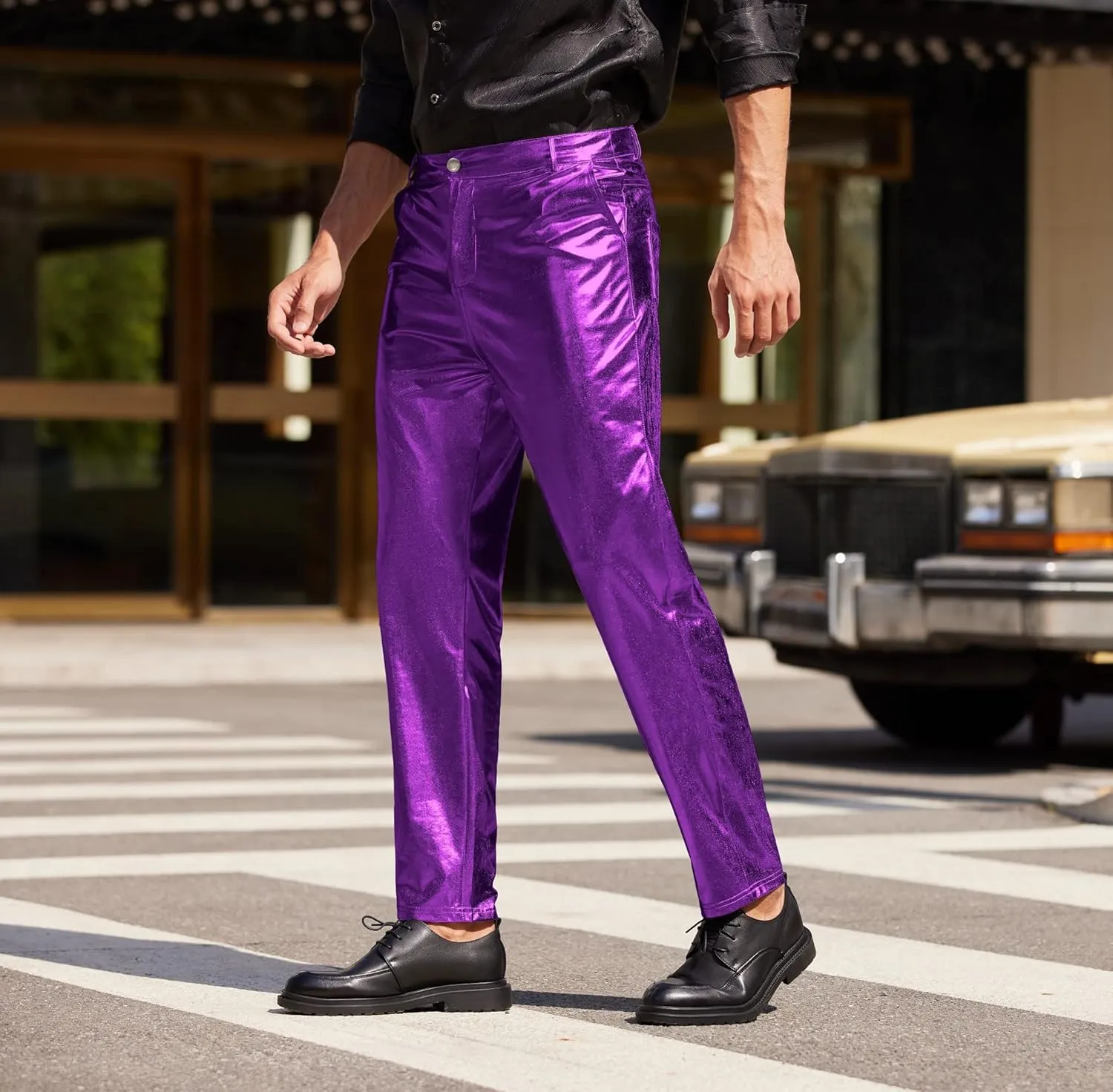 COOFANDY Men's Metallic Shiny Pants Night Club Pants 70s 80s 90s Disco Pant Party Dance Straight Leg Trousers