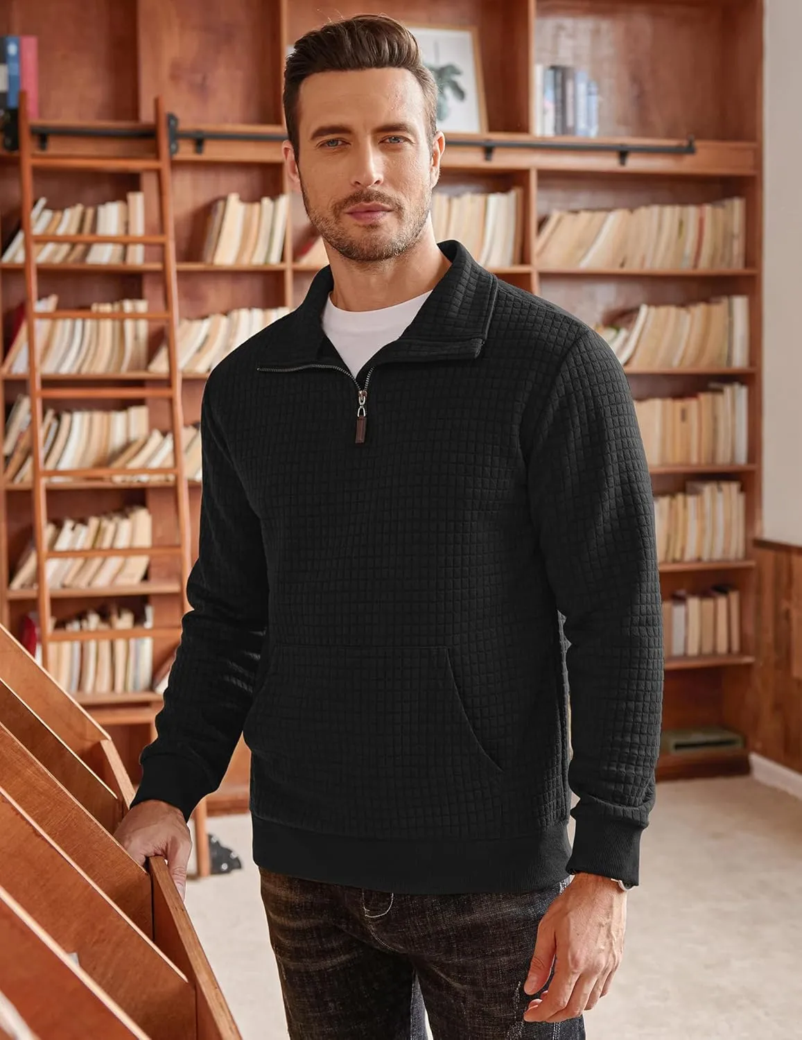COOFANDY Mens Quarter Zip Sweatshirt Long Sleeve Casual Waffle Pullover Hoodies with Pocket