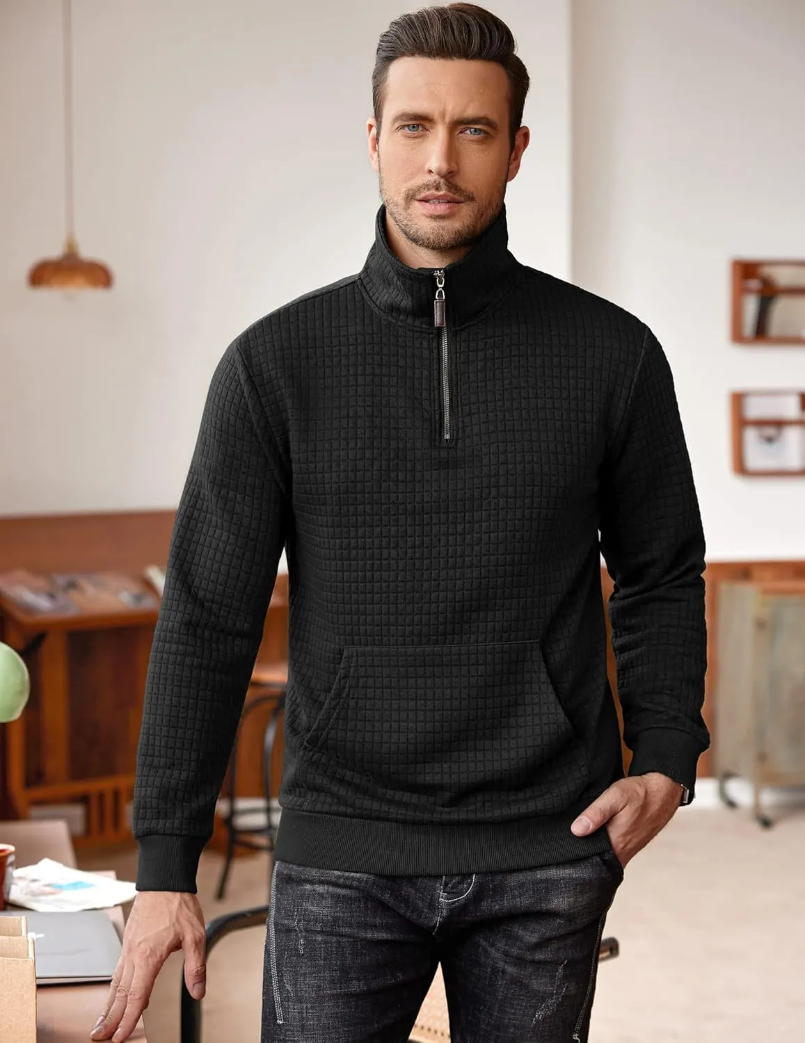 COOFANDY Mens Quarter Zip Sweatshirt Long Sleeve Casual Waffle Pullover Hoodies with Pocket