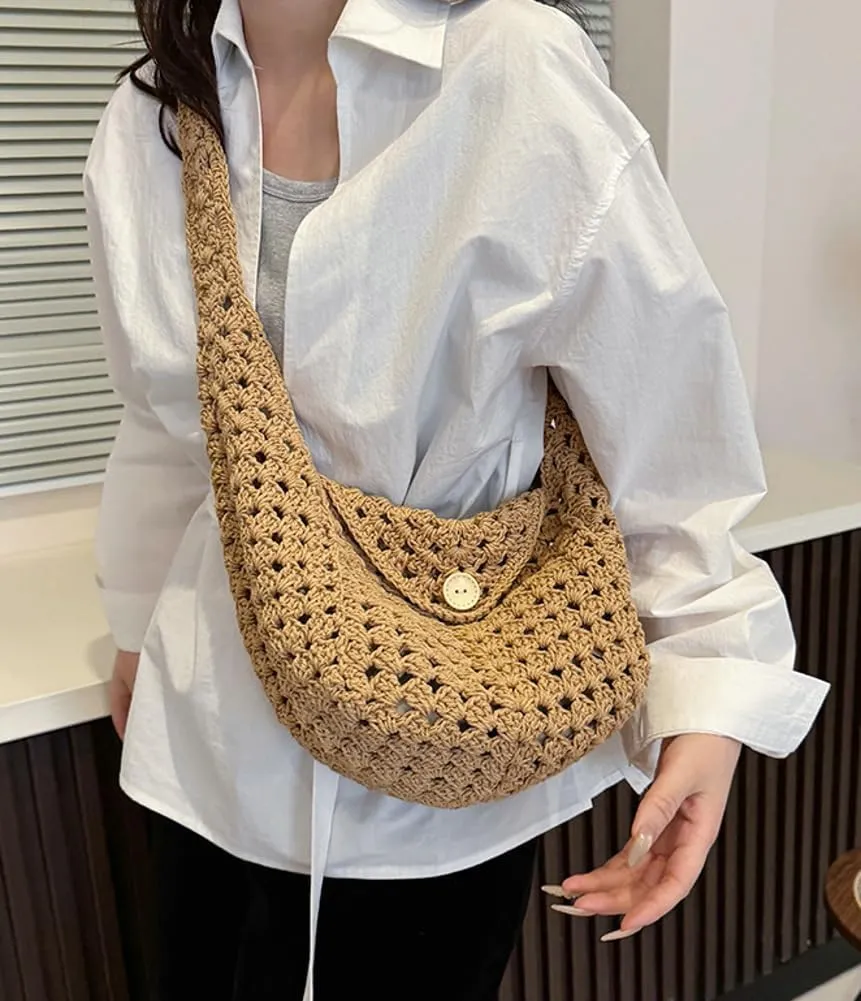 Cotton Rope Purses for Women Woven Hobo Shoulder Bag Purse Simple Hollow-out Handbag for Beach Summer Travel