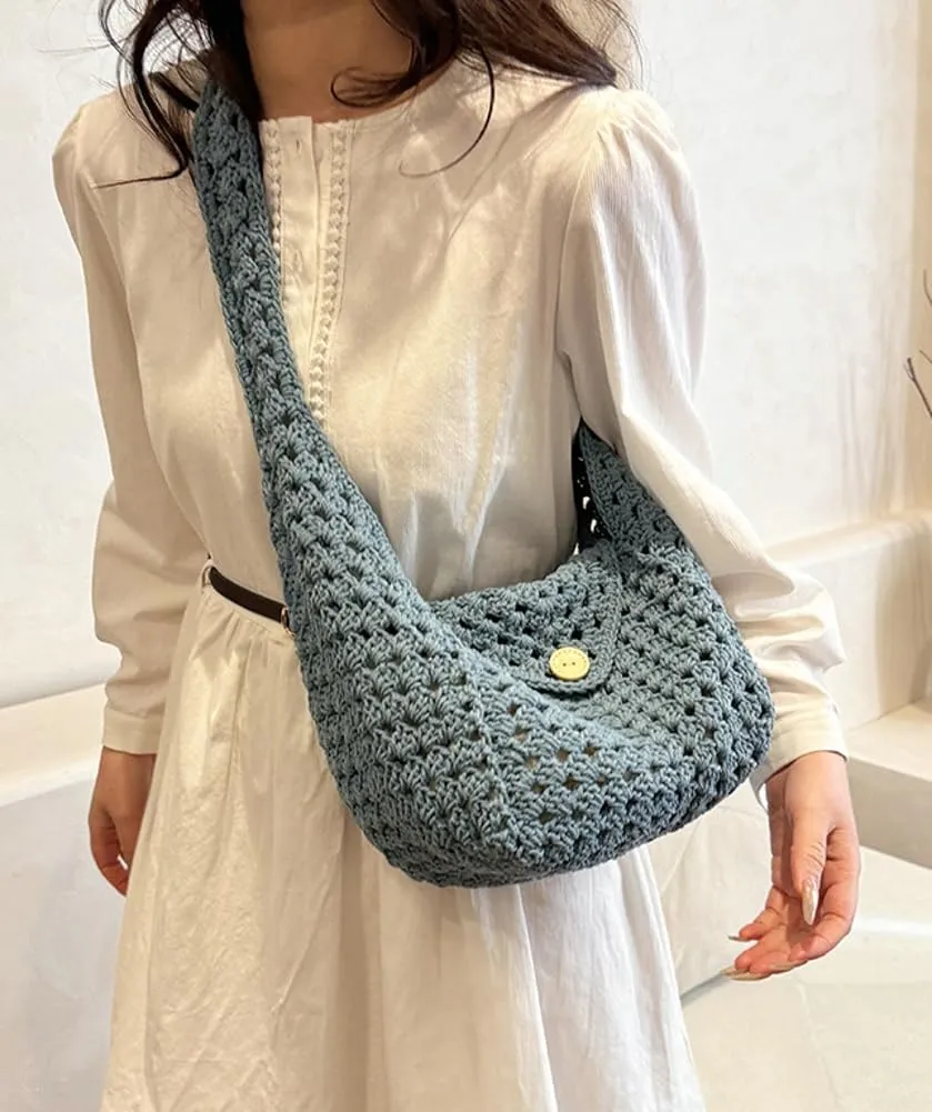 Cotton Rope Purses for Women Woven Hobo Shoulder Bag Purse Simple Hollow-out Handbag for Beach Summer Travel