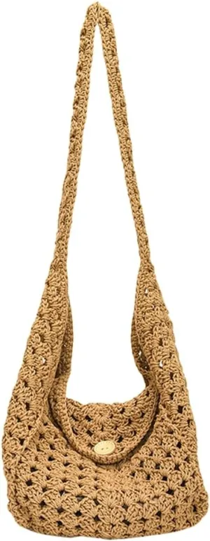 Cotton Rope Purses for Women Woven Hobo Shoulder Bag Purse Simple Hollow-out Handbag for Beach Summer Travel