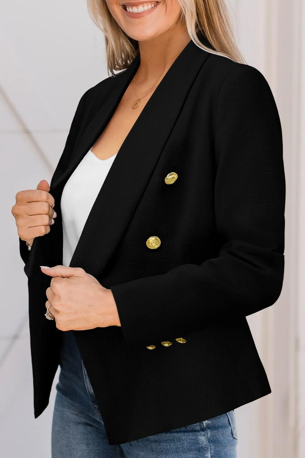 CRAZY GRID Womens Casual Blazer Jacket Gold Button Long Sleeve Work 0ffice Blazer Double Breasted Business Jacket