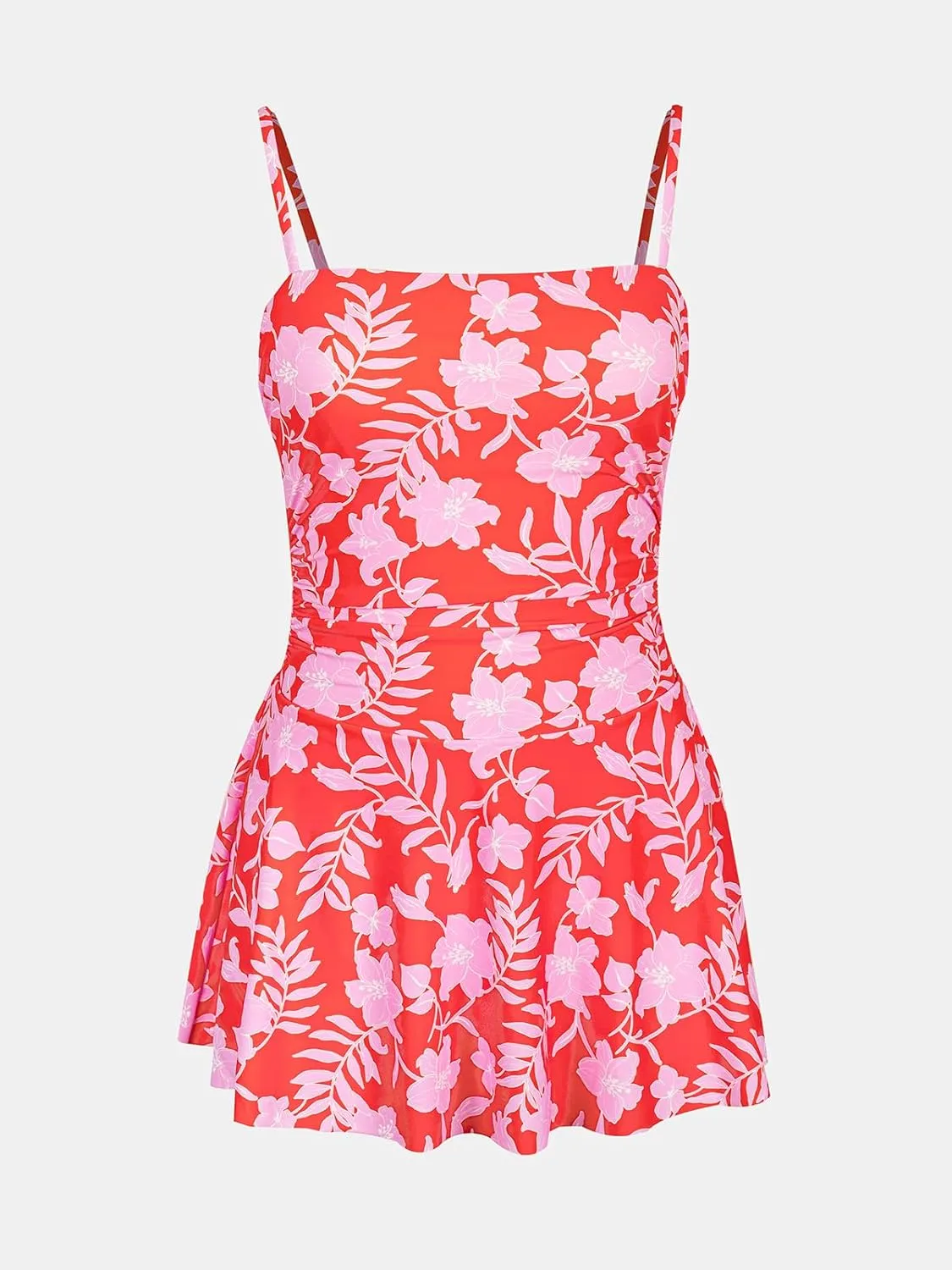 CUPSHE Women's One Piece Swimsuit Swim Dress Square Neck Ruched Spaghetti Adjustable Straps Bathing Suit