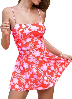 CUPSHE Women's One Piece Swimsuit Swim Dress Square Neck Ruched Spaghetti Adjustable Straps Bathing Suit