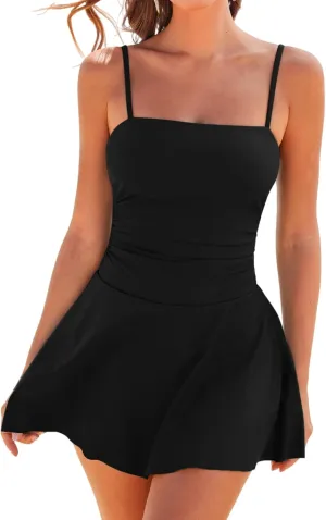 CUPSHE Women's One Piece Swimsuit Swim Dress Square Neck Ruched Spaghetti Adjustable Straps Bathing Suit