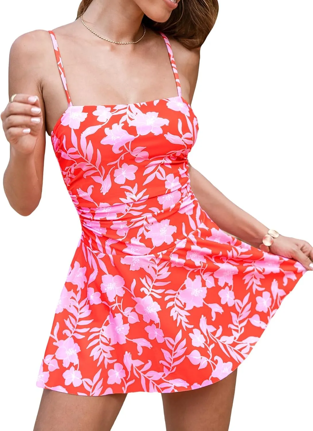 CUPSHE Women's One Piece Swimsuit Swim Dress Square Neck Ruched Spaghetti Adjustable Straps Bathing Suit