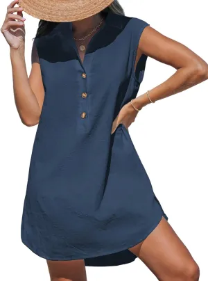 CUPSHE Womens Sleeveless Swimsuit Coverup Cotton Collared V Neck Beach Cover Ups Summer Mini Dress