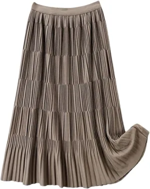 DBFBDTU Pleated Long Skirt for Women Solid A Line High Waist Midi Skirt Female