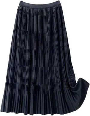 DBFBDTU Pleated Long Skirt for Women Solid A Line High Waist Midi Skirt Female