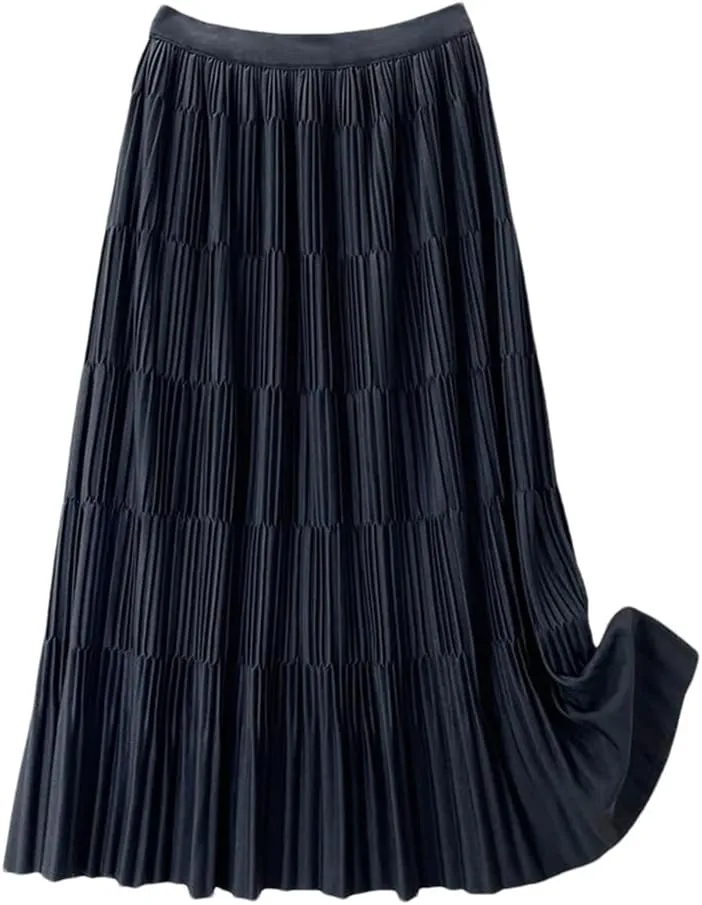 DBFBDTU Pleated Long Skirt for Women Solid A Line High Waist Midi Skirt Female