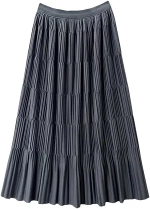 DBFBDTU Pleated Long Skirt for Women Solid A Line High Waist Midi Skirt Female