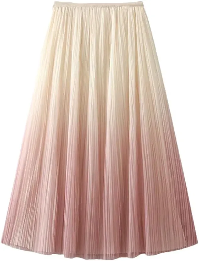 DBFBDTU Reversible Gradient Long Skirt Women Spring Summer A Line High Waist Pleated Midi Skirt Female