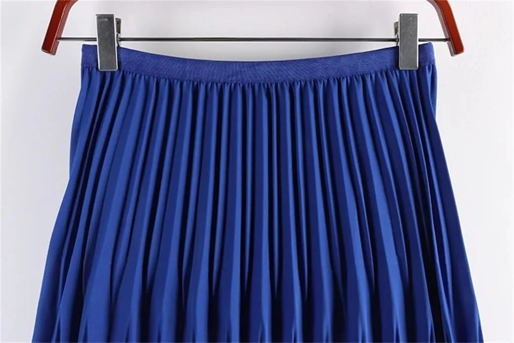 DBFBDTU Rhombus Pleated Long Skirt Women Solid A Line High Waist Midi Skirt Female