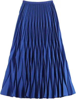 DBFBDTU Rhombus Pleated Long Skirt Women Solid A Line High Waist Midi Skirt Female