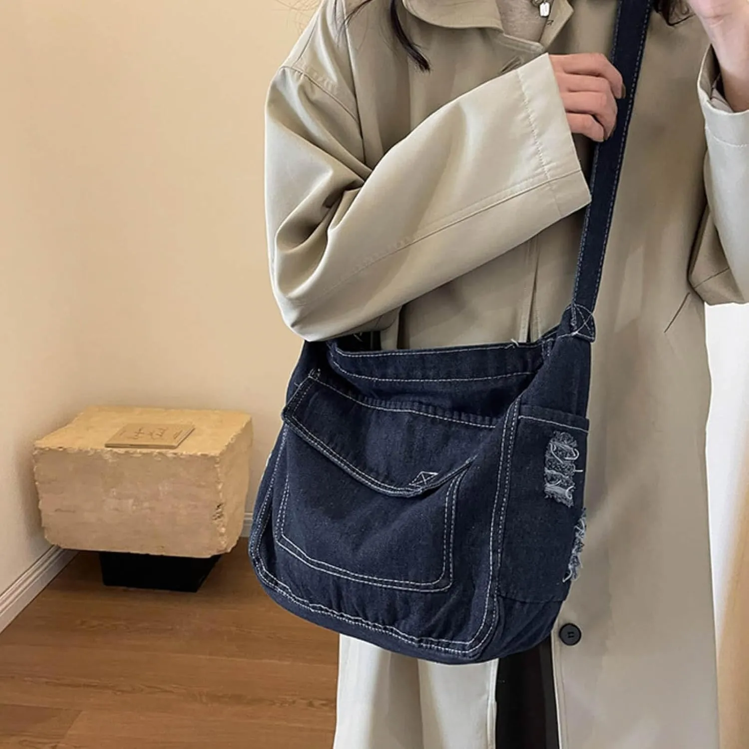 Denim Messenger Bag 2025, Denim Aesthetic Crossbody Shoulder Bags for Women Men, Retro Jean Tote Hobo Bag Handbag