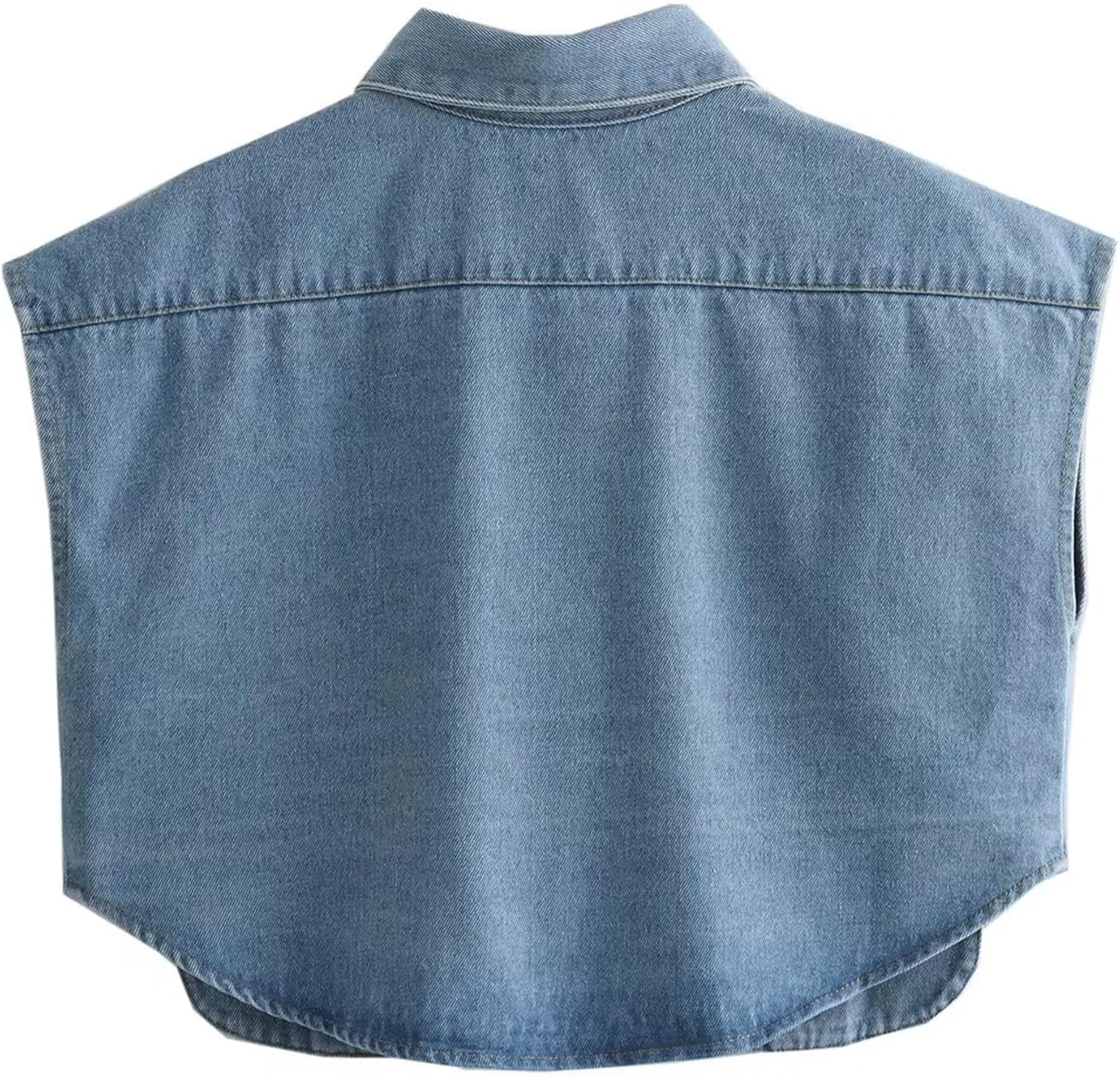 Denim Vest Women Button Down Polo Neck Cropped Loose Sleeveless Shirt Top Jean Jacket Coat with Pockets