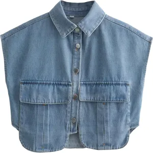 Denim Vest Women Button Down Polo Neck Cropped Loose Sleeveless Shirt Top Jean Jacket Coat with Pockets