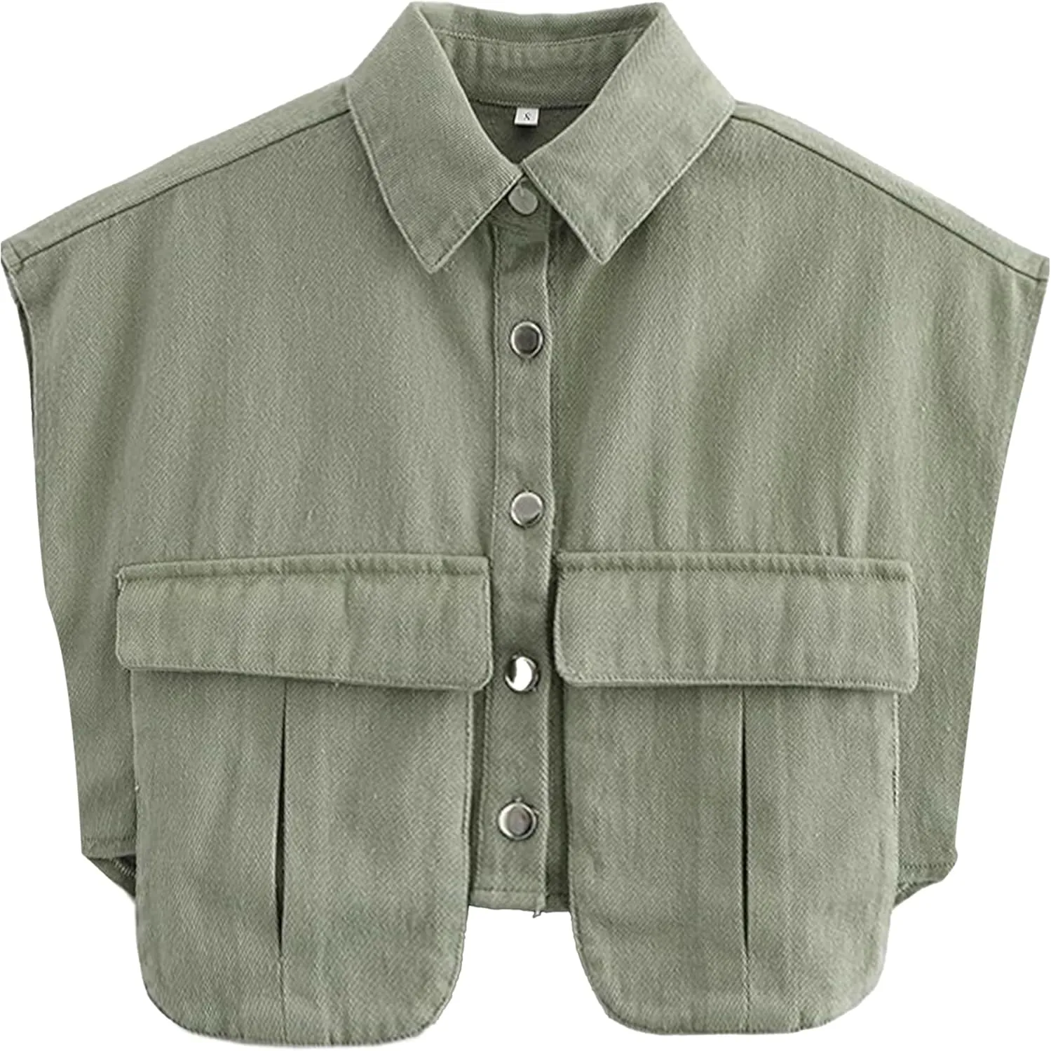 Denim Vest Women Button Down Polo Neck Cropped Loose Sleeveless Shirt Top Jean Jacket Coat with Pockets