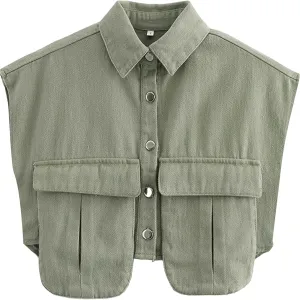 Denim Vest Women Button Down Polo Neck Cropped Loose Sleeveless Shirt Top Jean Jacket Coat with Pockets