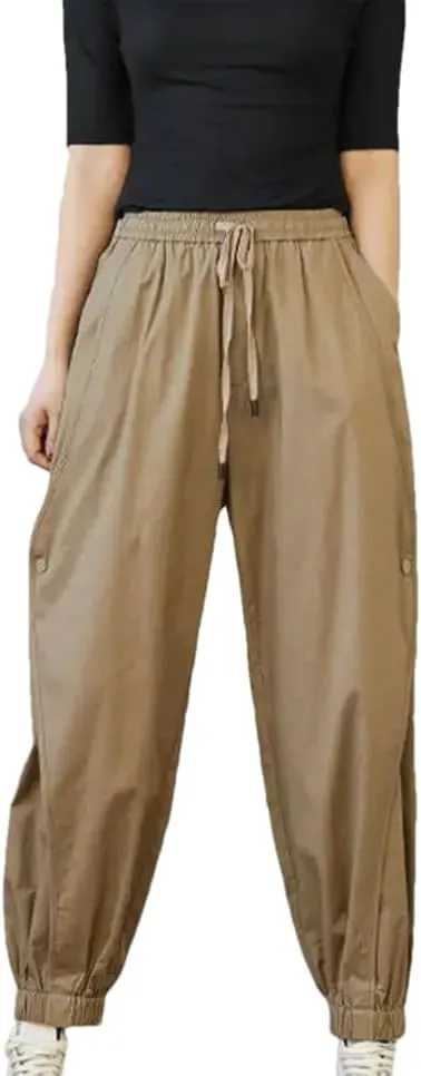 Disimlarl Women Casual Harem Pants Elastic Waist Loose Pants High Waist Ankle-Length Cotton Pants