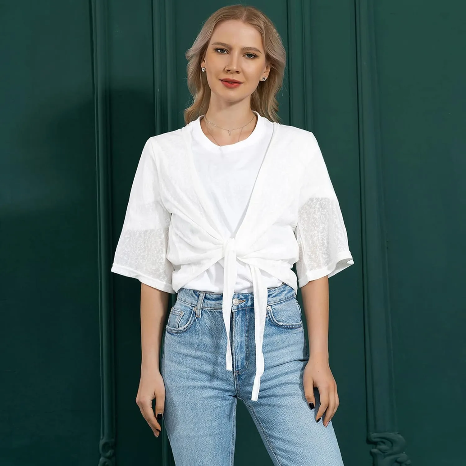 Dongfeng Women's 3/4 Sleeve Cropped Shrugs Lightweight Tie Front Sheer Chiffon Bolero Cardigan