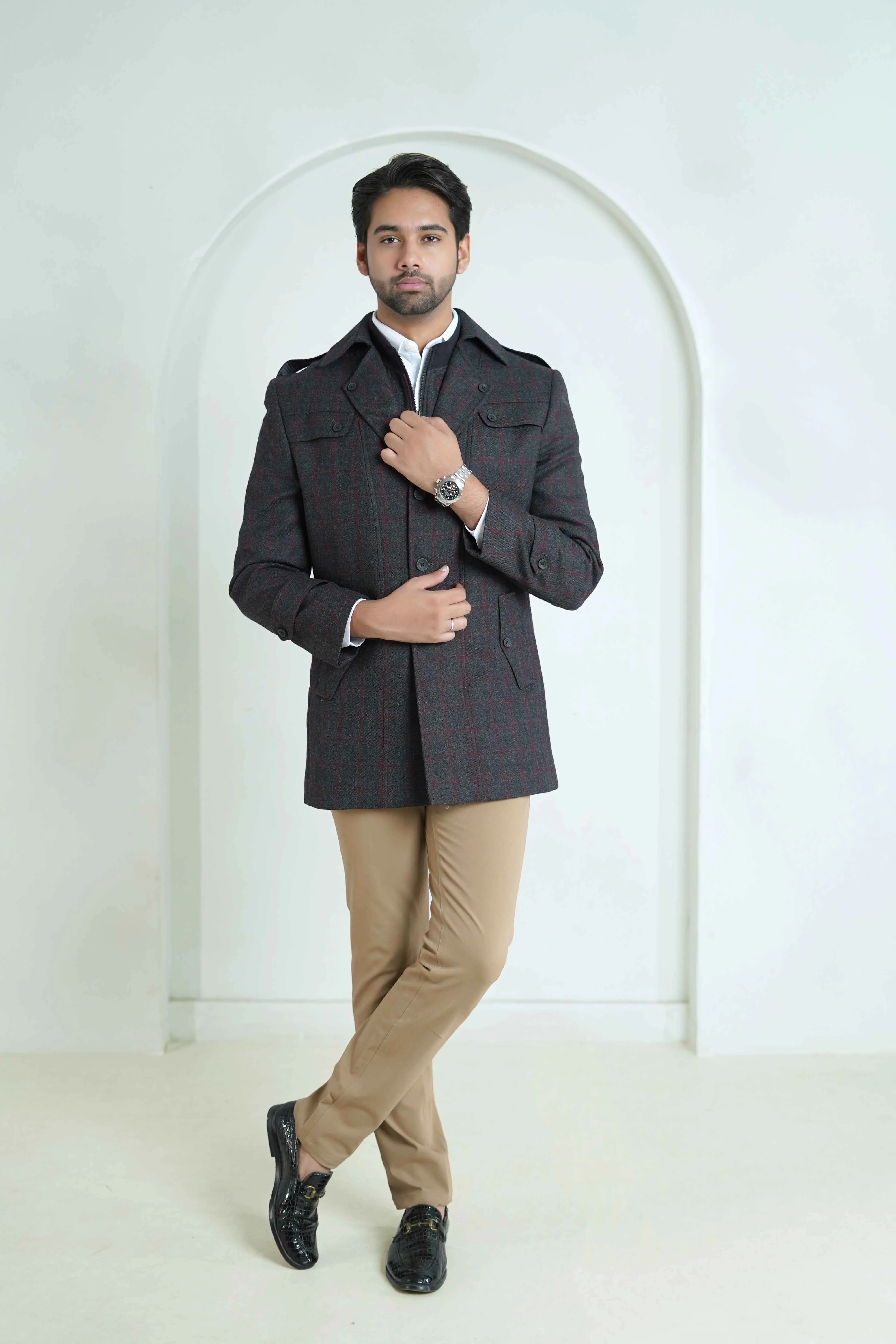 Double Jacket - Worsted Tweed Charcoal Grey Window Checks
